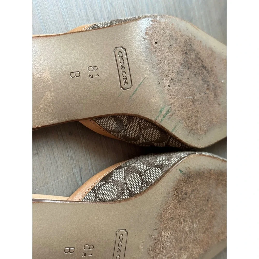 Coach Signature Monogram Canvas Kitten Heel Mules Brown Tan square Toe 8.5 B
